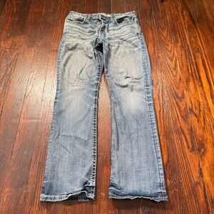 BKE Buckle Jeans Carter Mens 32R Blue Bootcut Distressed Faded Whiskers